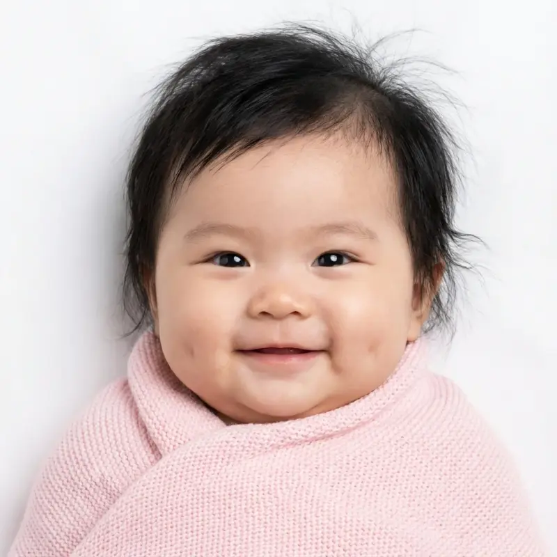AI generated Asian baby portrait with round face and sparkling dark eyes