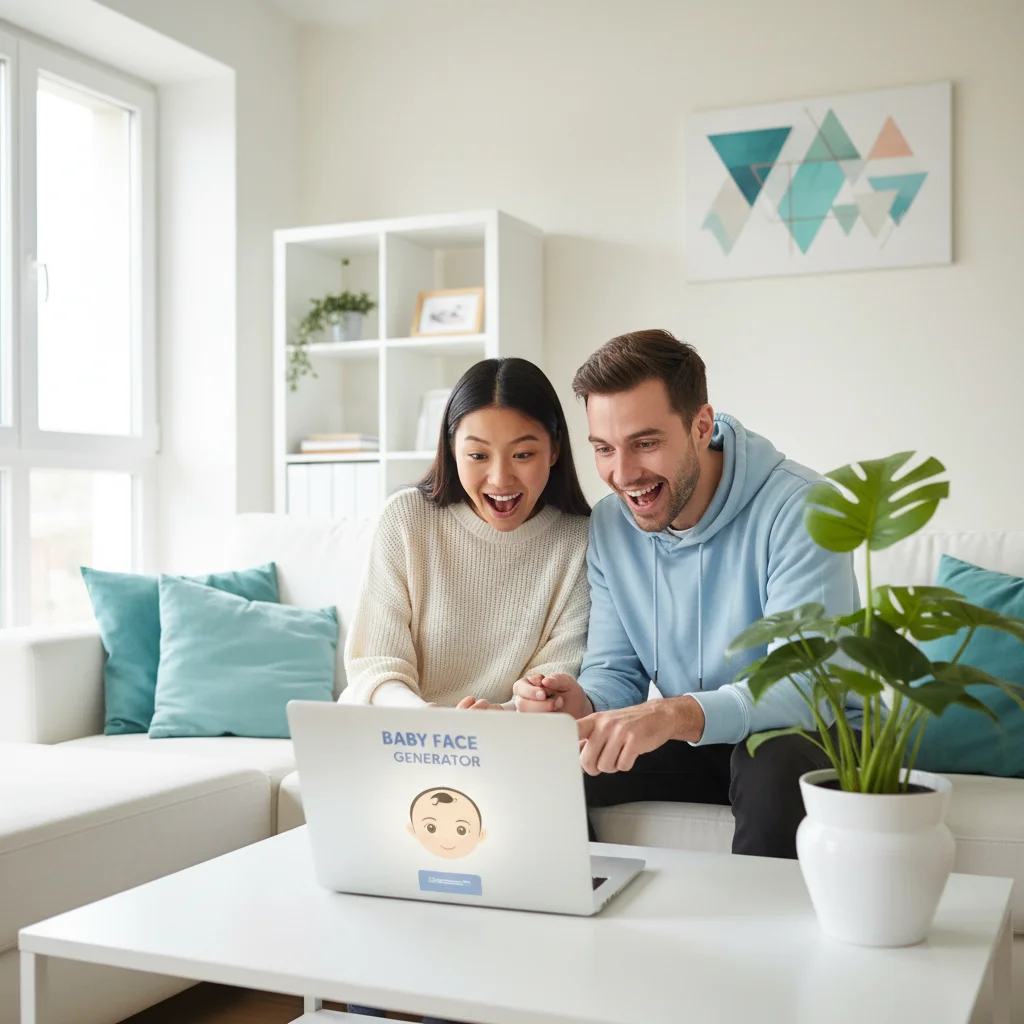 Happy couple excited about free AI baby face generator results