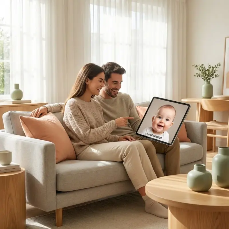 Happy couple using AIBaby app to see their future baby face prediction