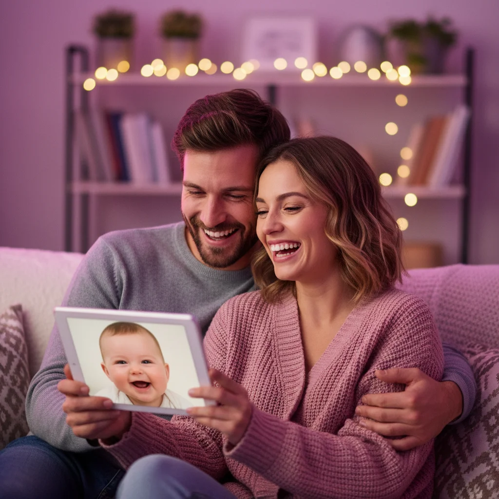 Romantic couple laughing while viewing their AI Baby Maker prediction together on tablet